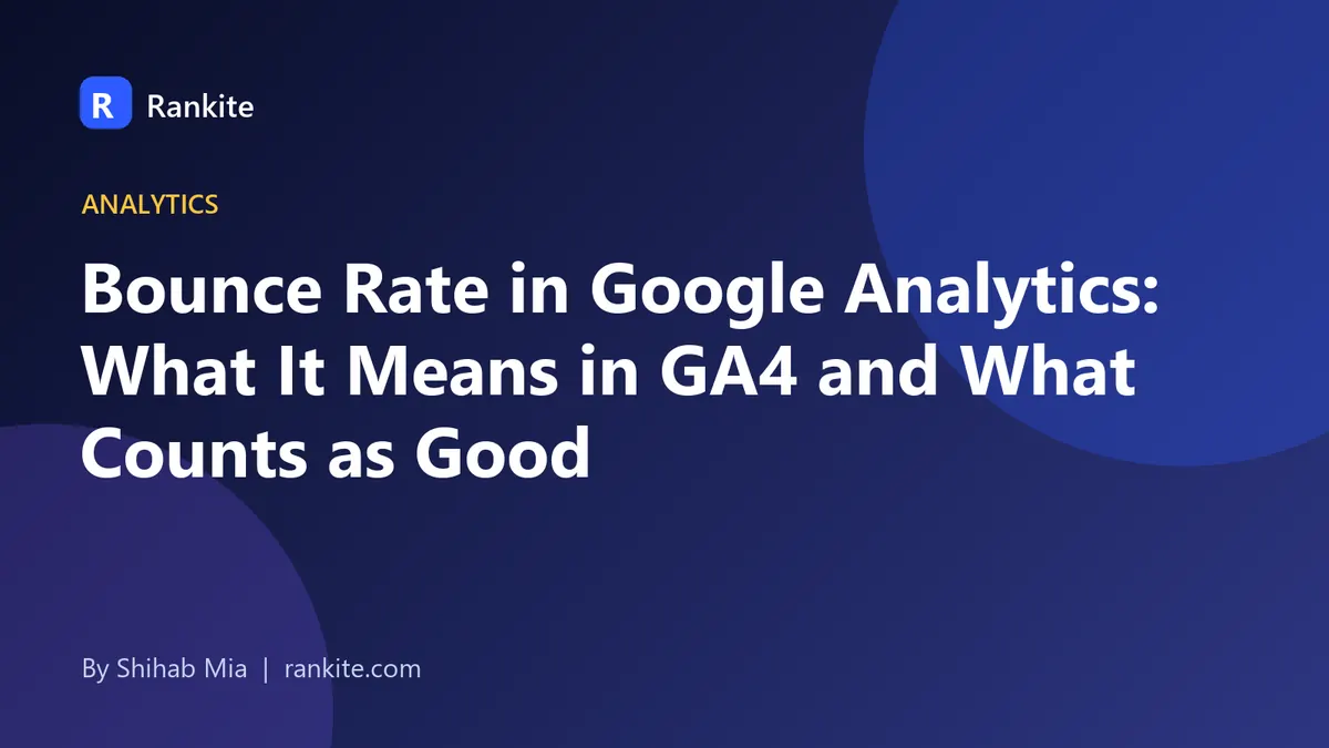 Bounce rate in Google Analytics illustrated with a dashboard, bar chart, and exit arrow