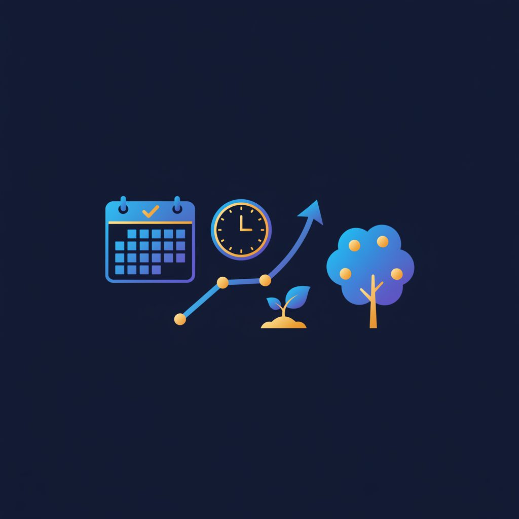 How long does it take to rank in Google, shown as a calendar, clock, and rising ranking chart