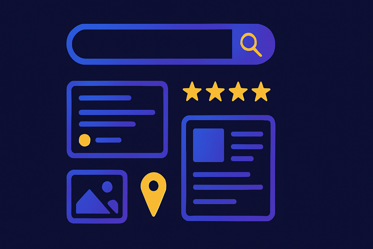 How to rank in SERP features illustrated with a search bar, snippet card, star ratings, and knowledge panel