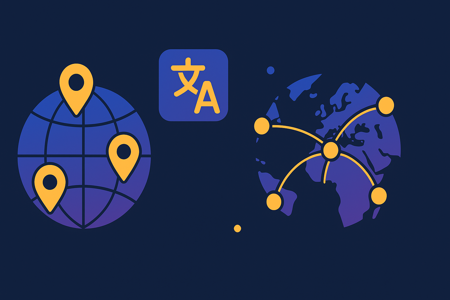 International SEO strategy illustration showing a globe with location pins and translation across connected markets