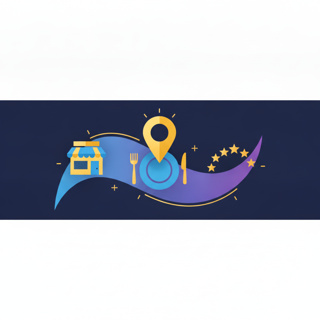 Local SEO for restaurants: map pin, storefront, and star ratings on a navy background