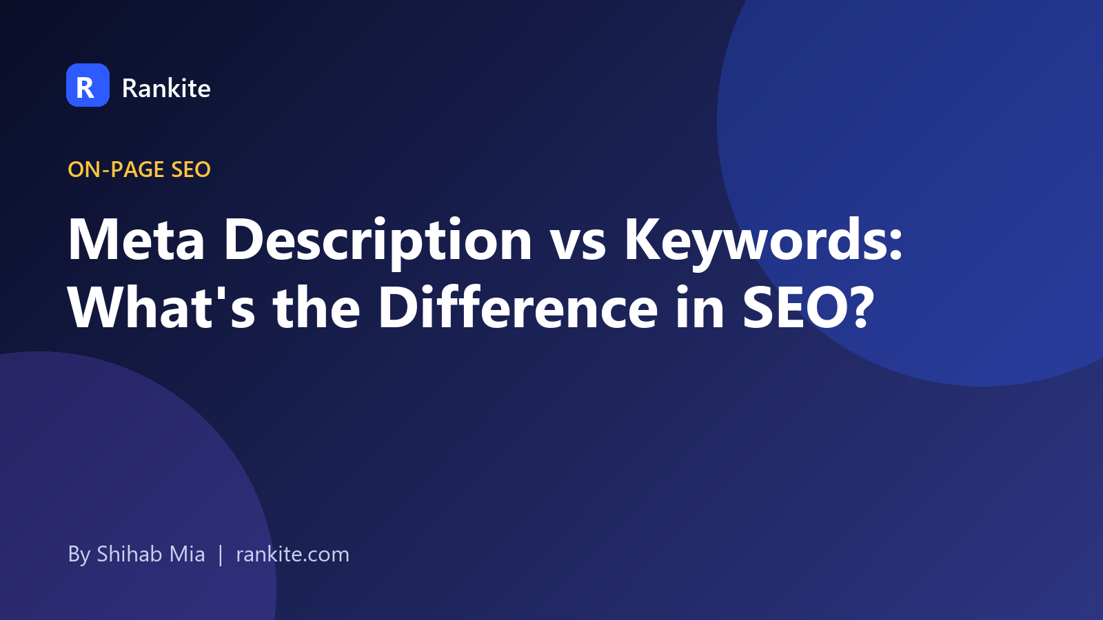 Meta description vs keywords illustrated with a search result snippet, a magnifying glass, and an SEO tag icon