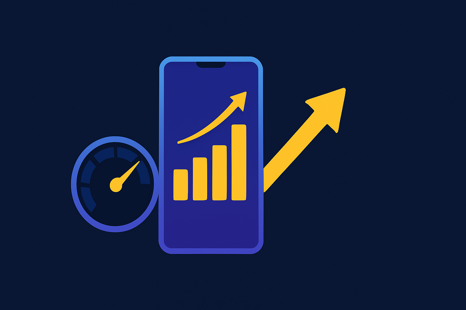 Mobile SEO strategy illustration showing a smartphone, speed gauge, and rising ranking chart