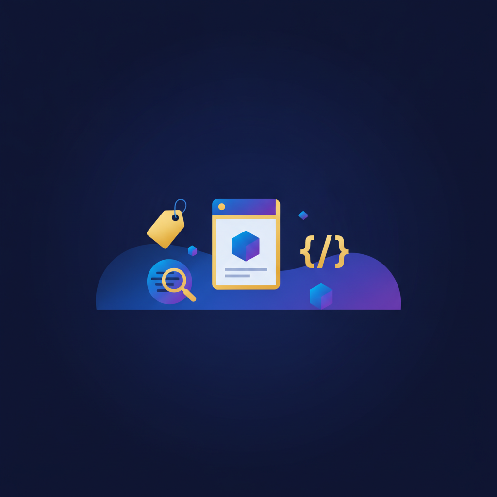 On-page SEO for ecommerce product pages, showing a product card, shopping tag, and schema brackets