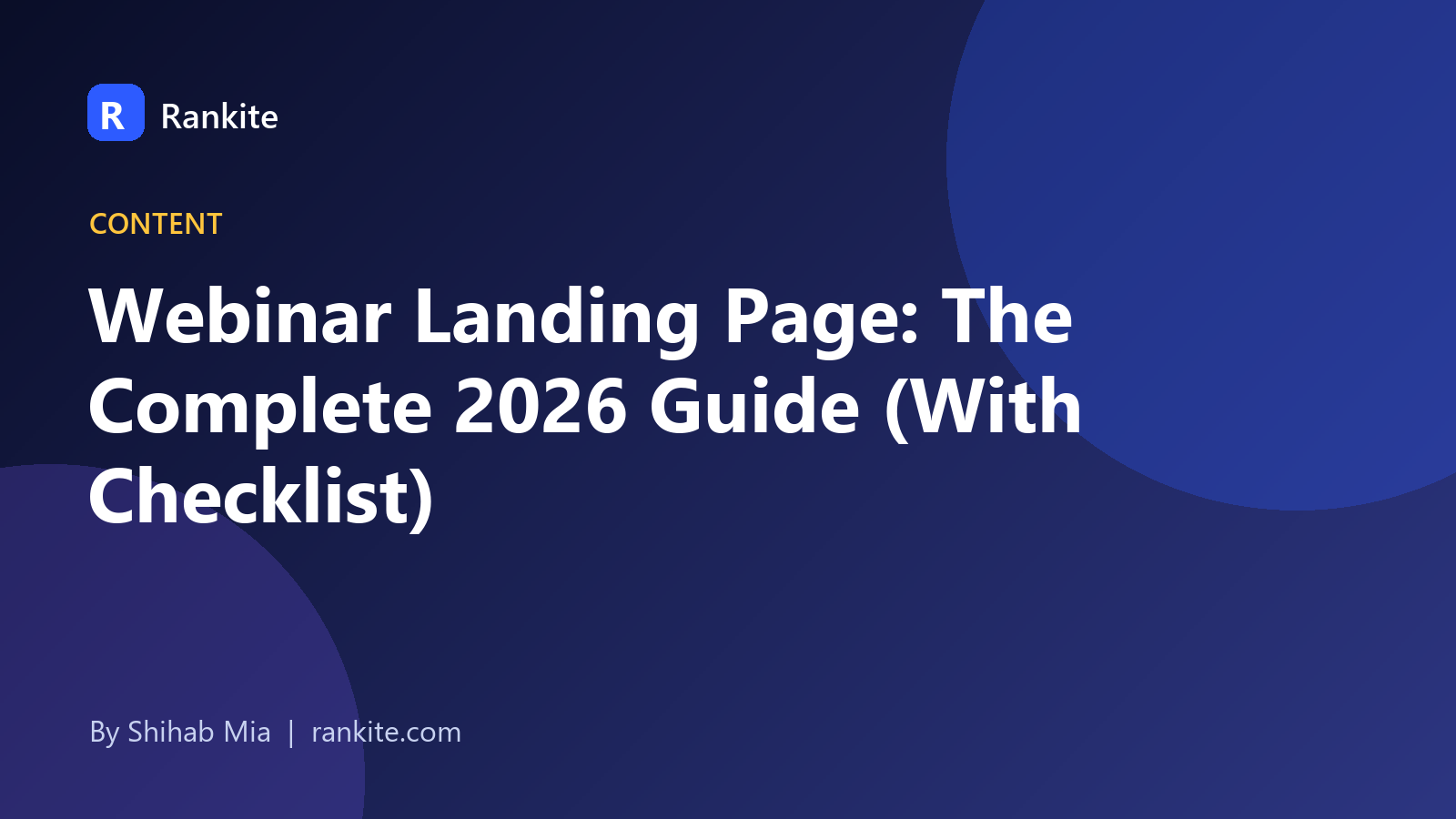 Webinar landing page layout showing a play button, calendar, and short registration form