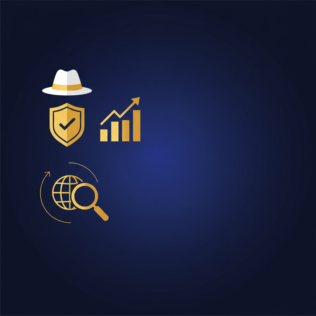 What is white hat SEO illustrated with a white hat, a shield, and a rising chart