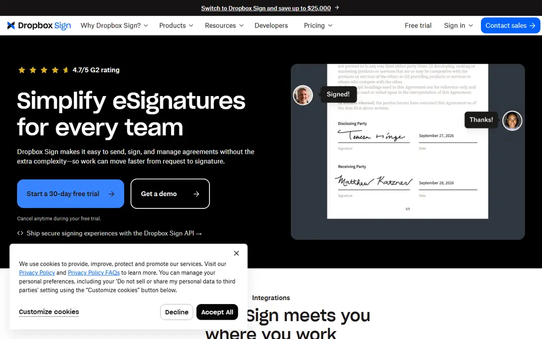 Dropbox Sign homepage