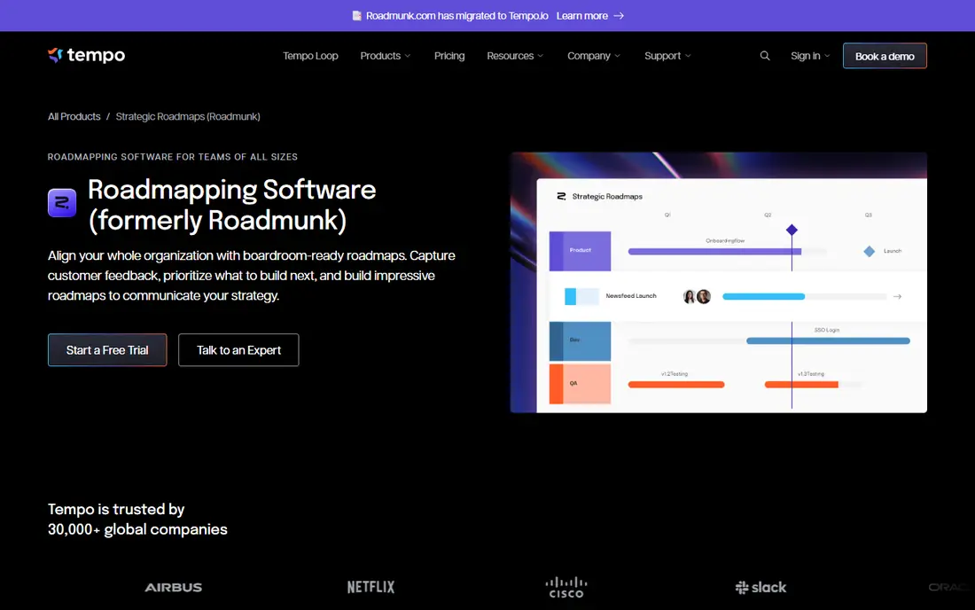 Tempo Strategic Roadmaps homepage
