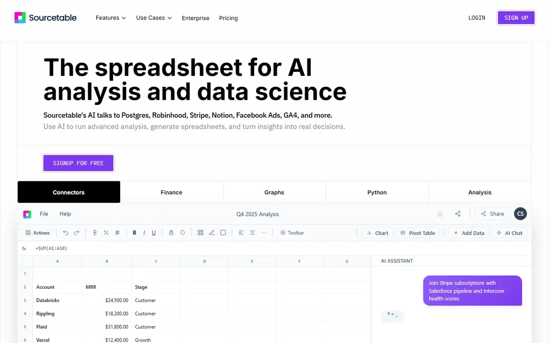 Sourcetable homepage