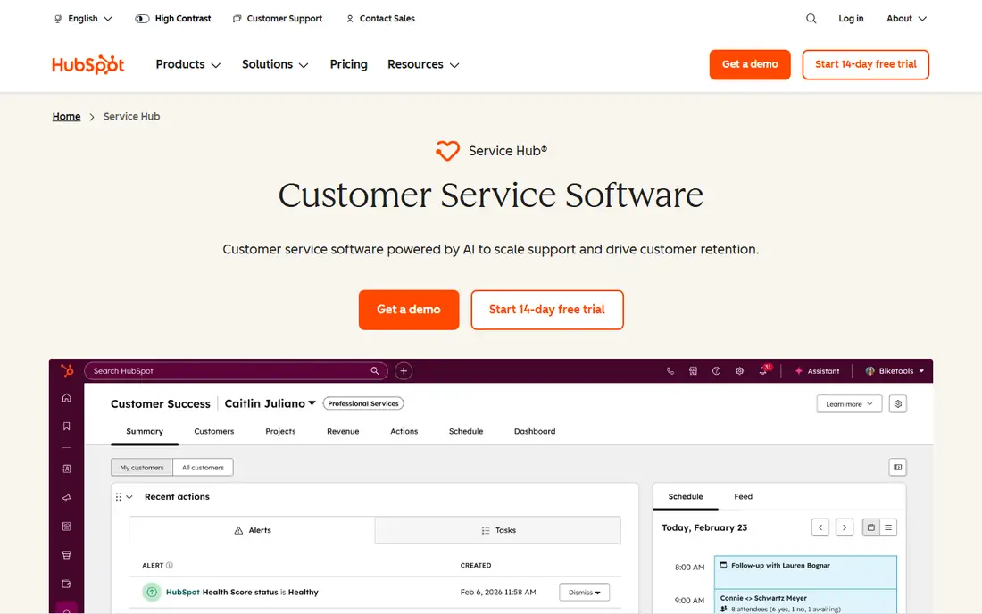 HubSpot Service Hub homepage