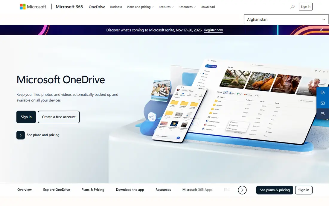 Microsoft OneDrive homepage