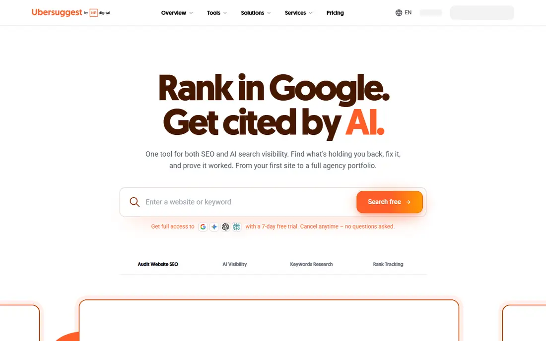 Ubersuggest homepage