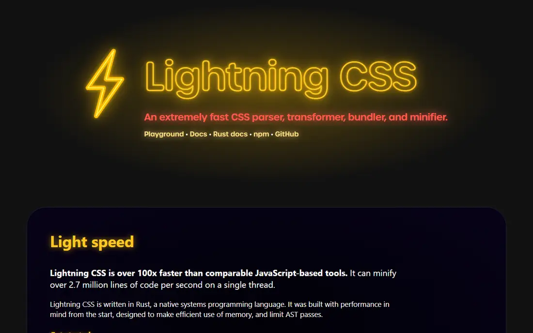 Lightning CSS homepage