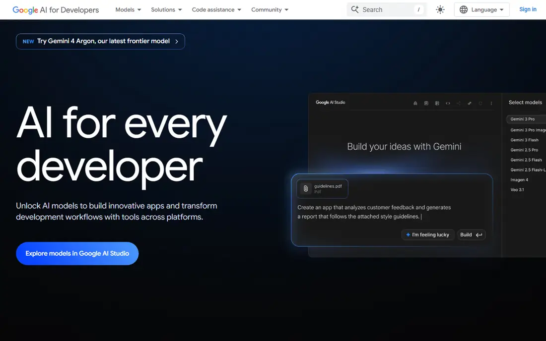Google Gemini API homepage