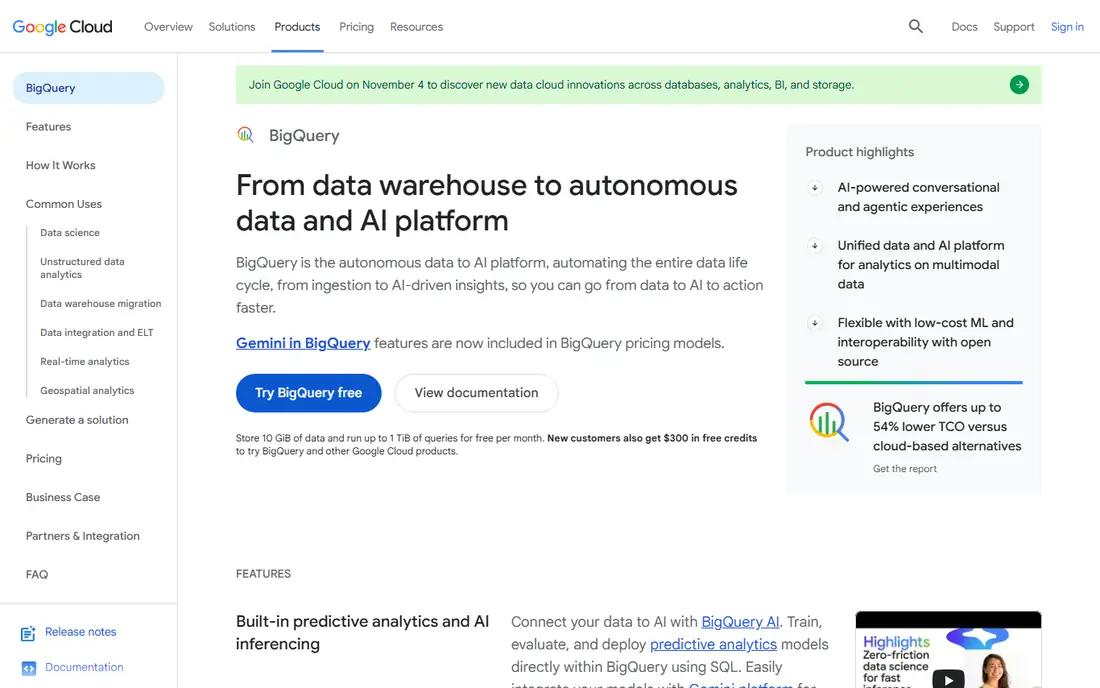 Google BigQuery homepage