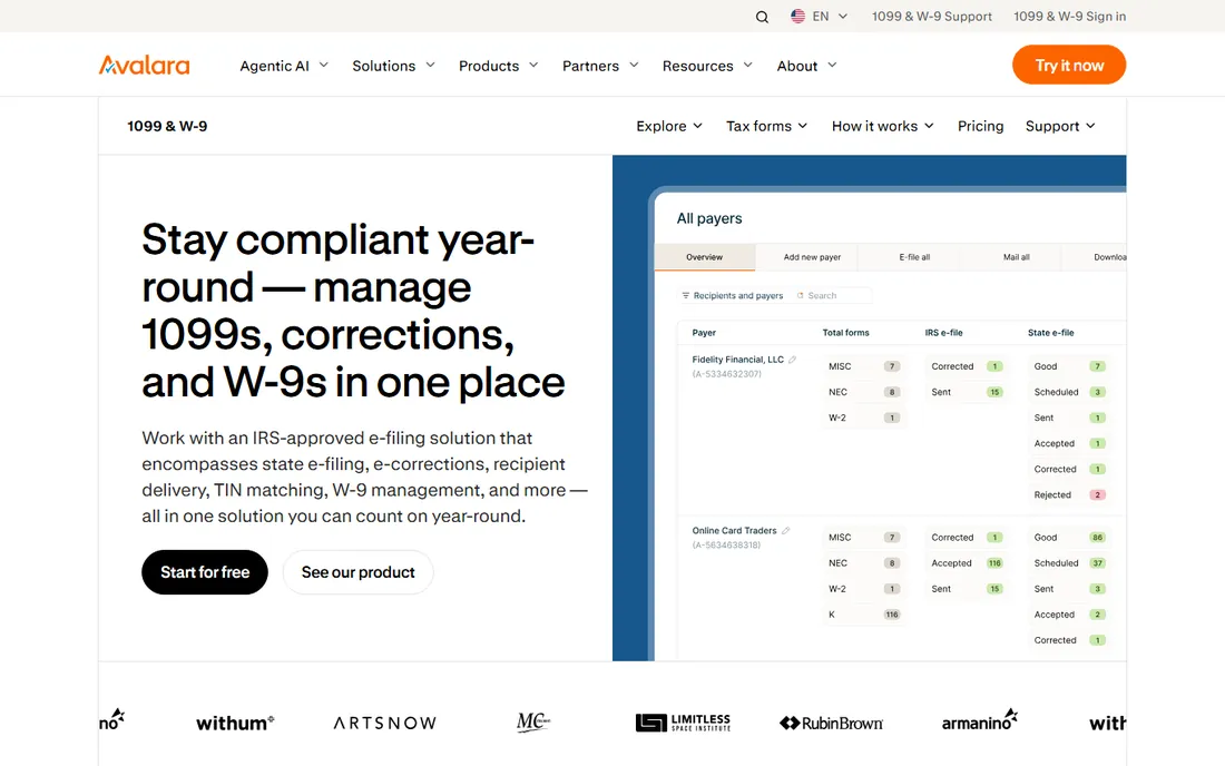 Avalara 1099 & W-9 homepage