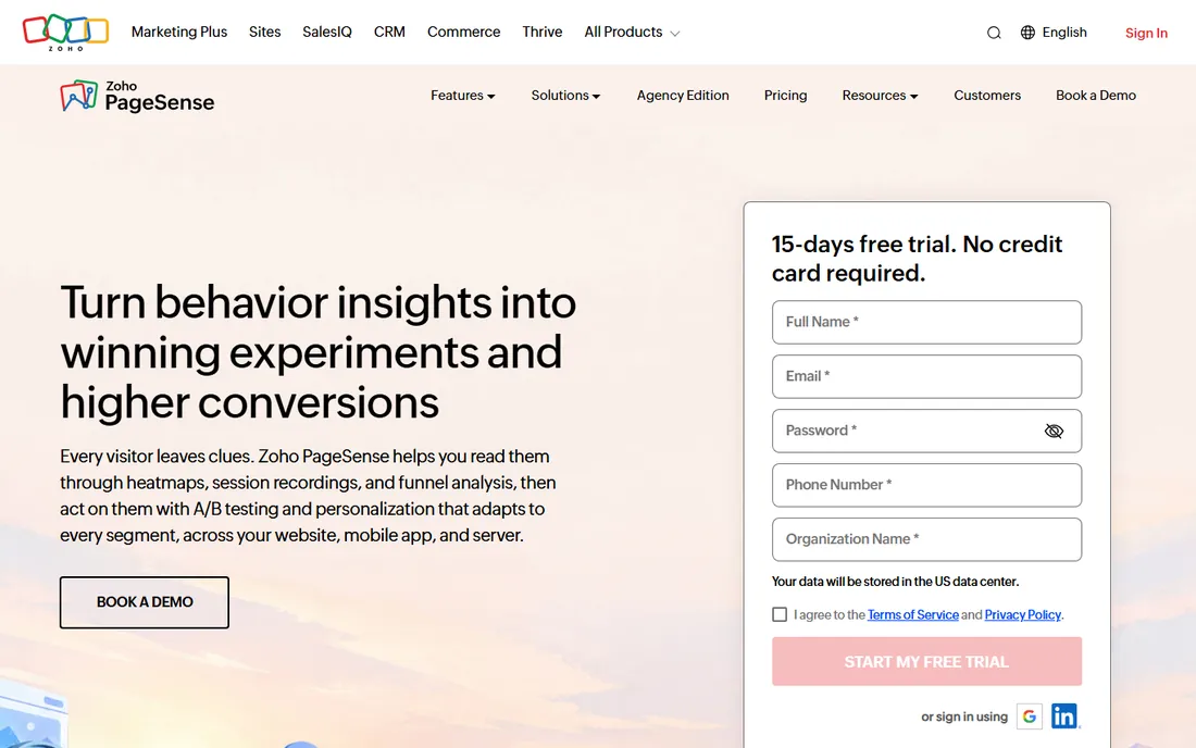 Zoho PageSense homepage