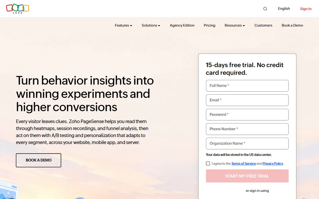 Zoho PageSense homepage