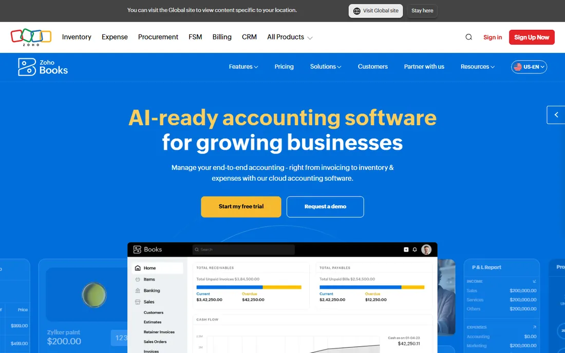 Zoho Books homepage