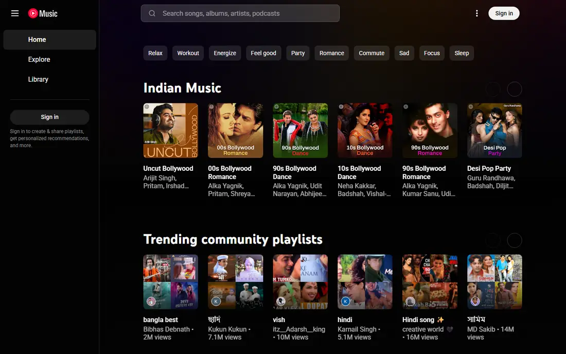 YouTube Music homepage