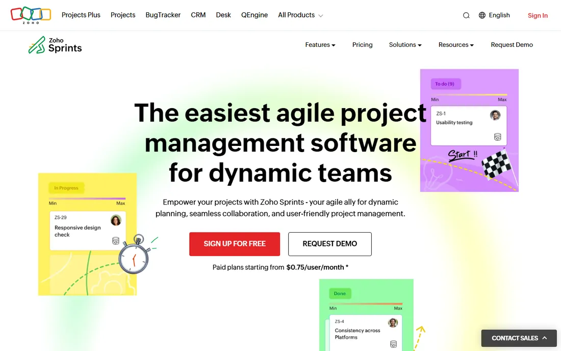 Zoho Sprints homepage