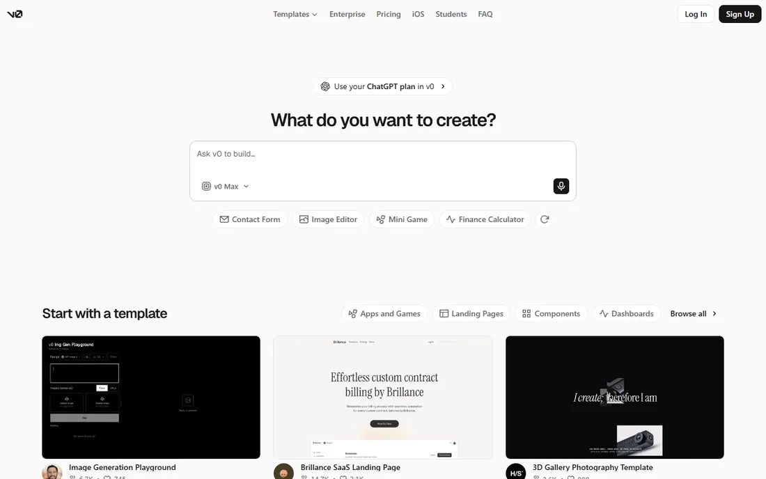 v0 by Vercel homepage