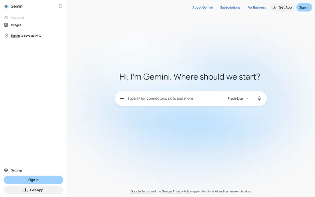 Google Gemini homepage