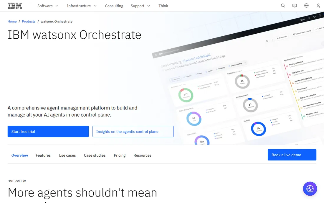 IBM watsonx Assistant homepage