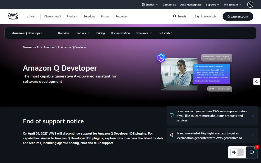 Amazon Q Developer homepage