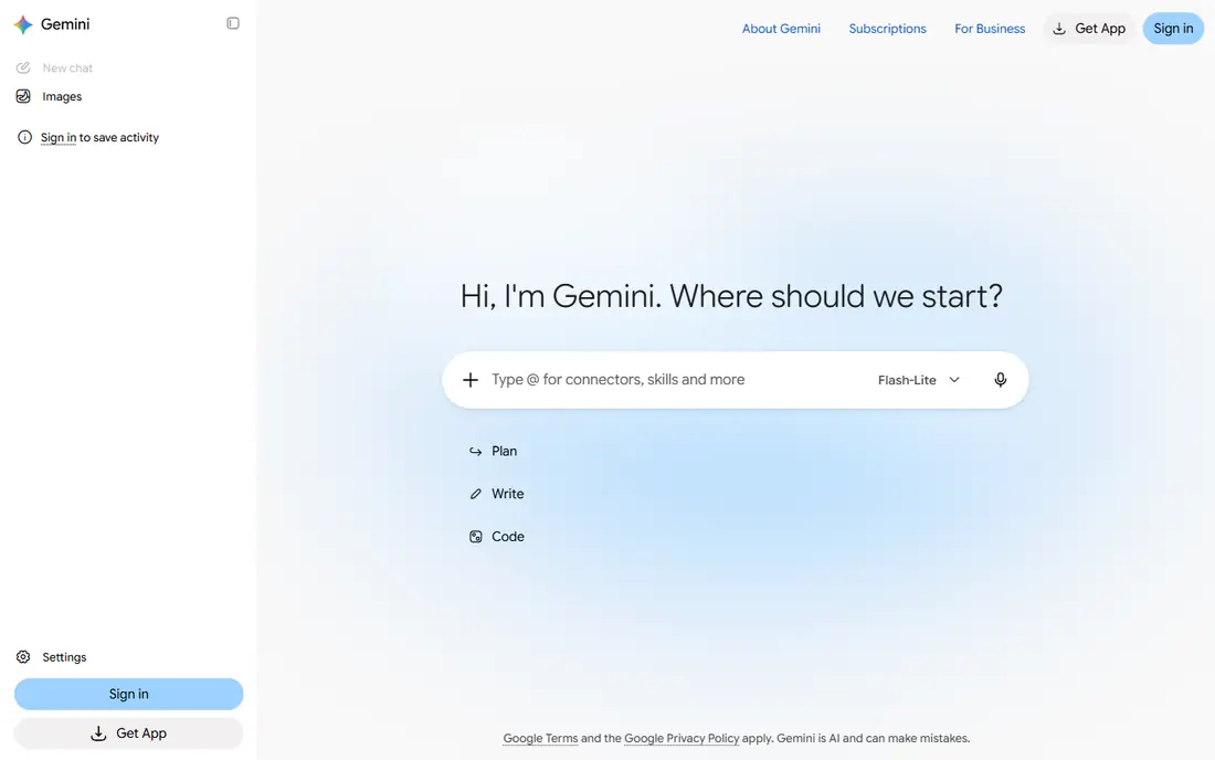 Gemini app homepage