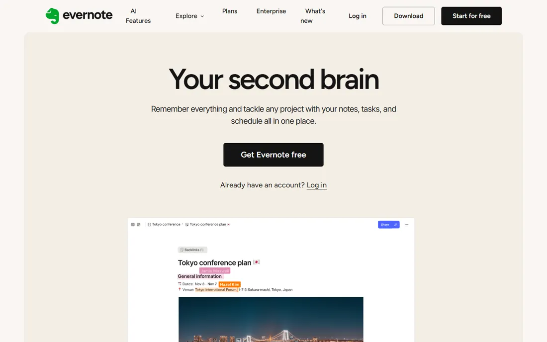 Evernote homepage