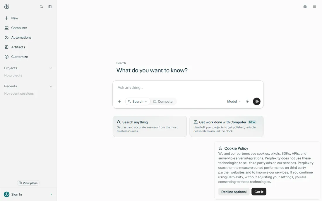 Perplexity homepage