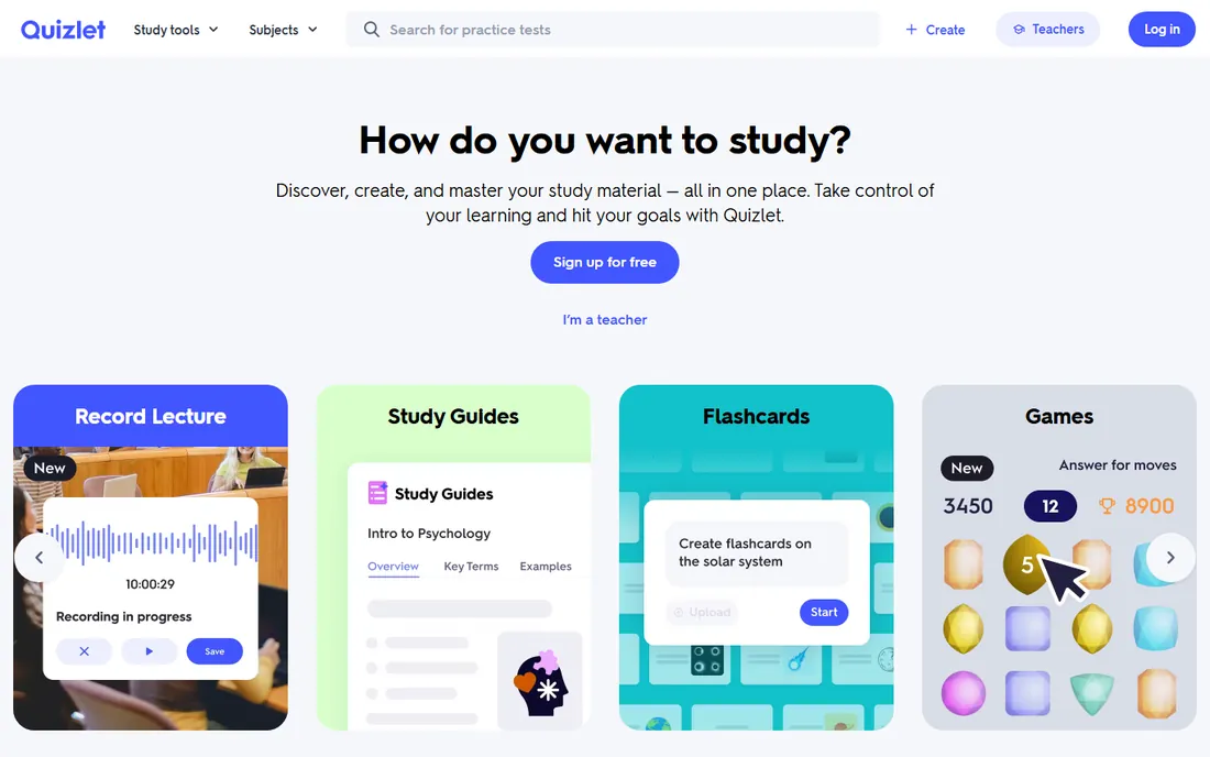 Quizlet homepage