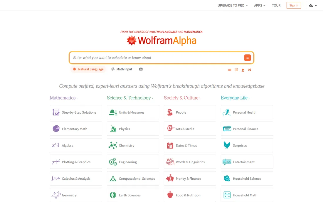WolframAlpha homepage