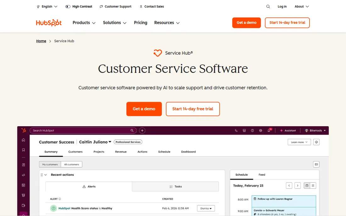 HubSpot Service Hub homepage