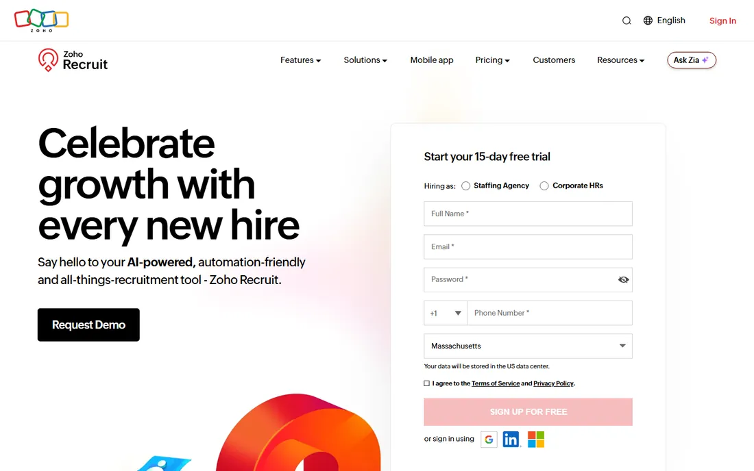 Zoho Recruit homepage