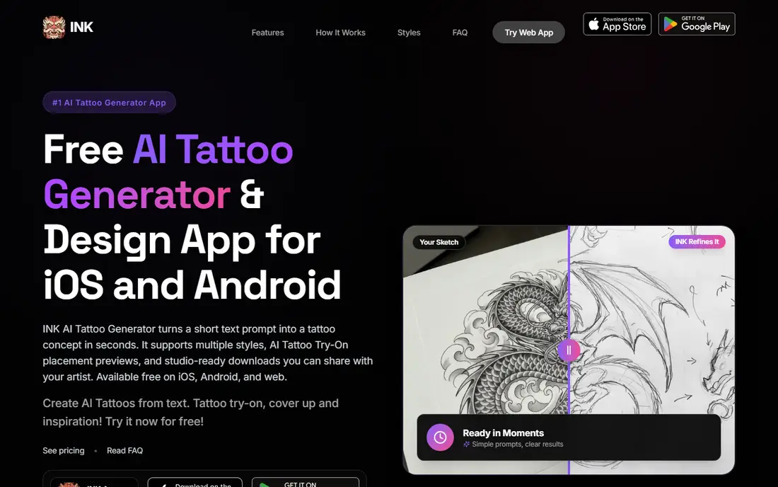 INK AI Tattoo Generator homepage
