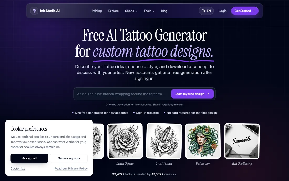 Ink Studio AI homepage