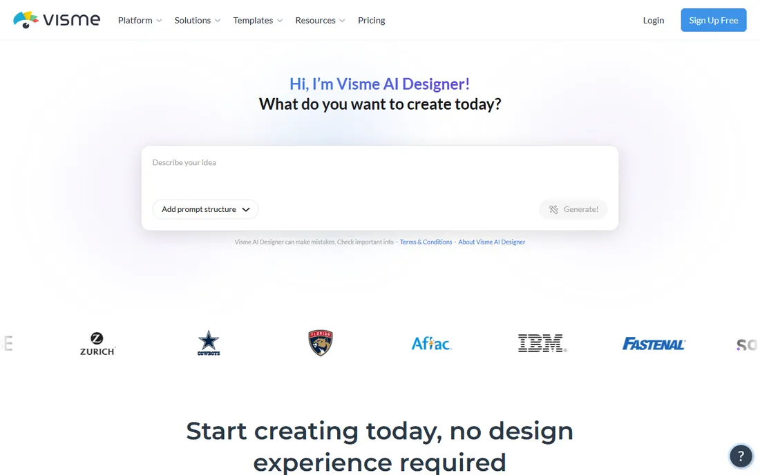 Visme AI homepage