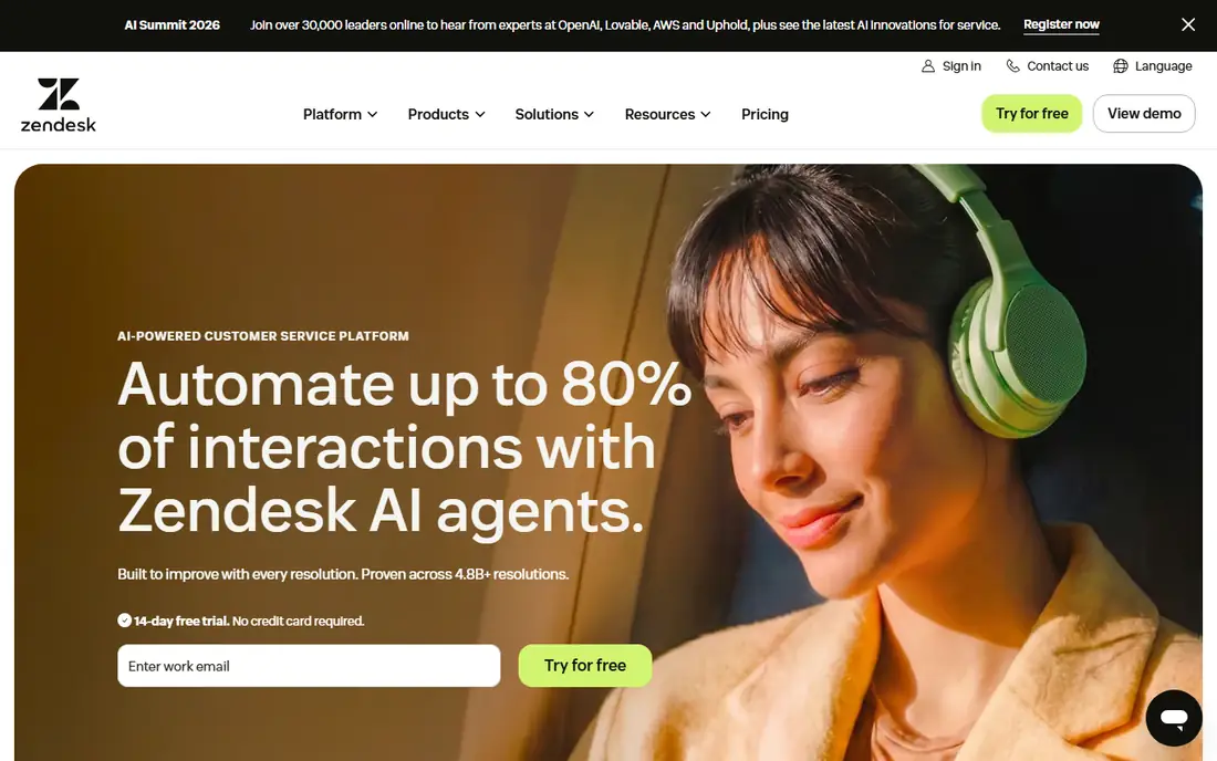 Zendesk AI homepage