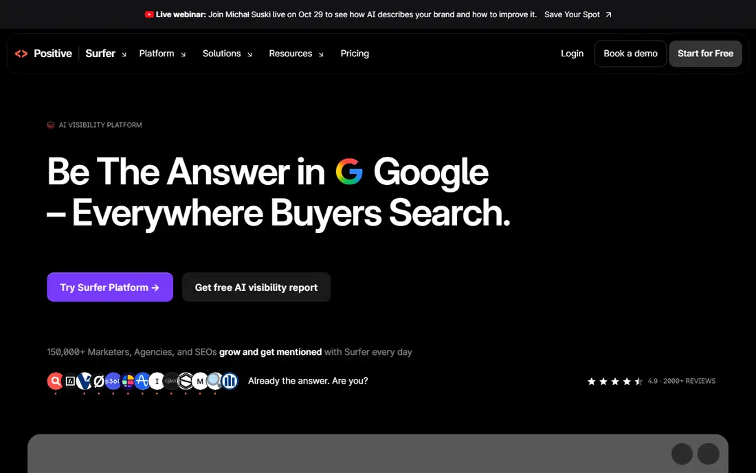 Surfer SEO homepage
