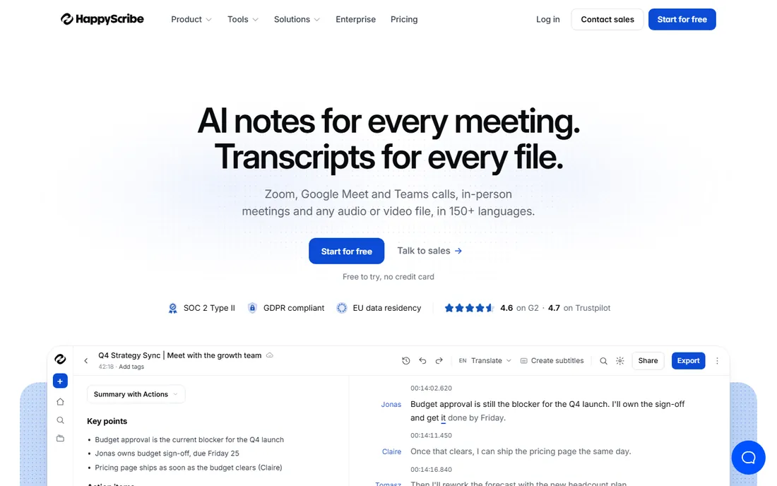 Happy Scribe homepage