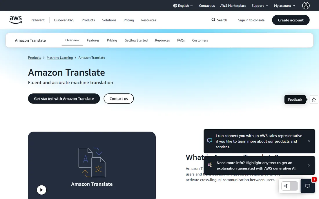 Amazon Translate homepage