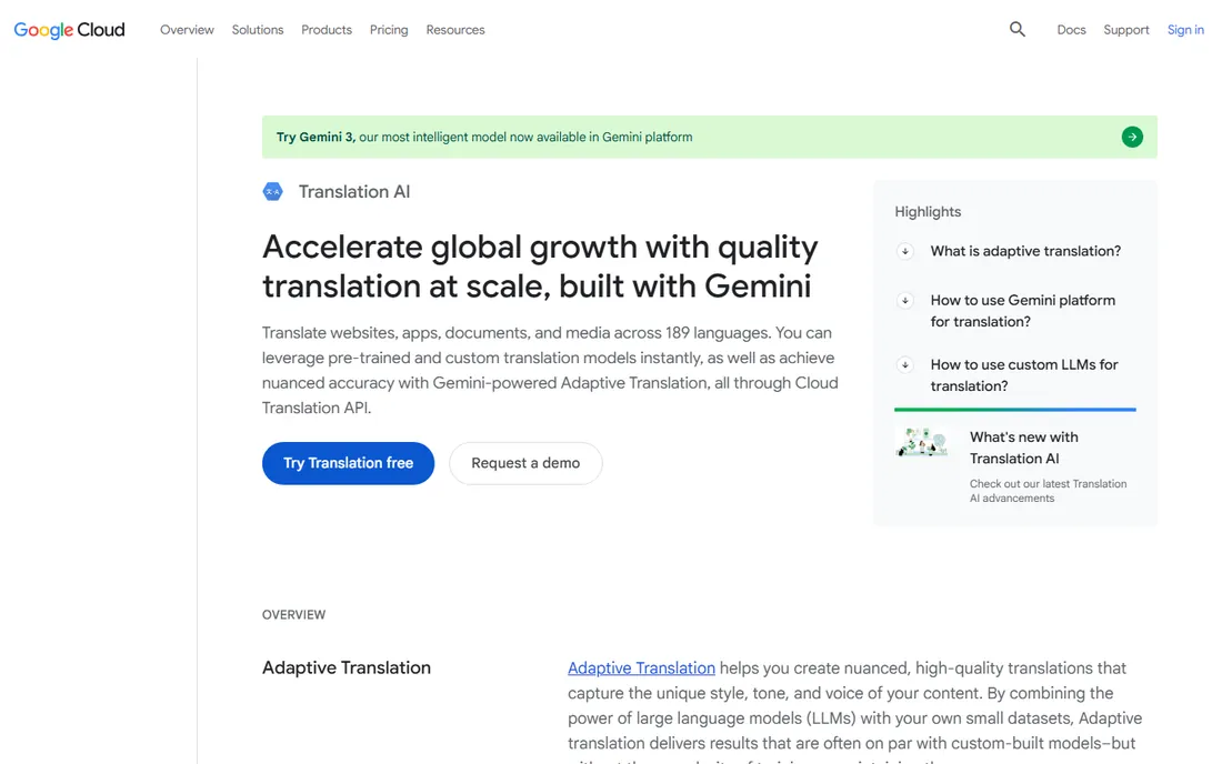 Google Cloud Translation homepage