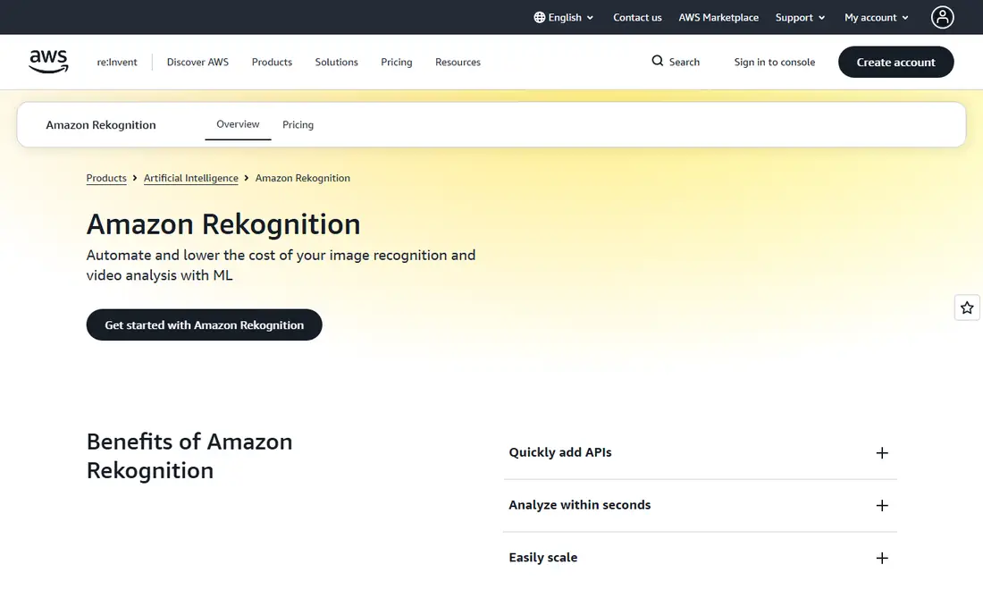 Amazon Rekognition homepage