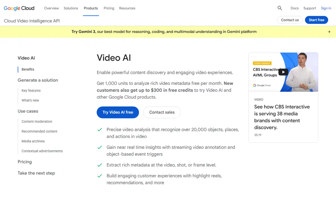 Google Cloud Video Intelligence homepage