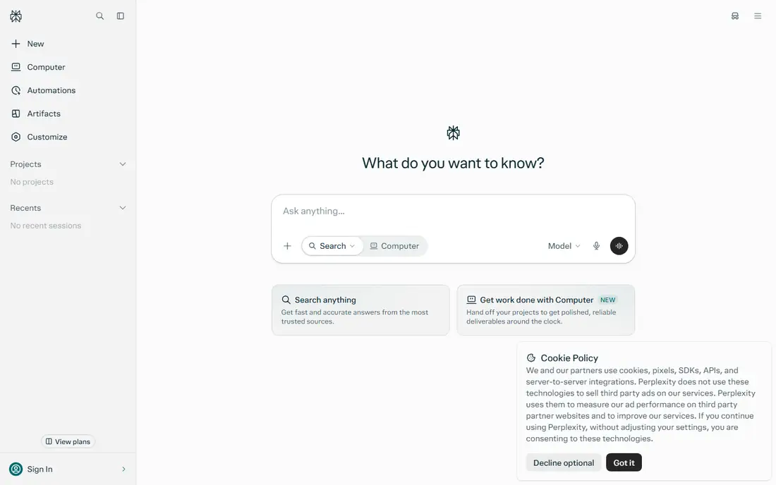 Perplexity homepage