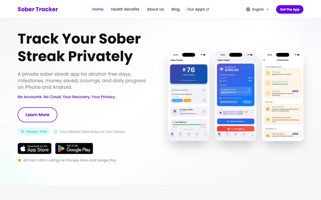 Sober Tracker homepage