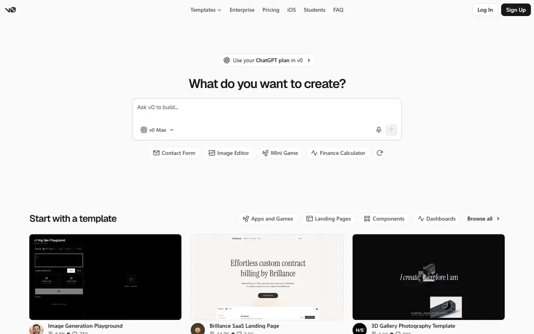 v0 by Vercel homepage