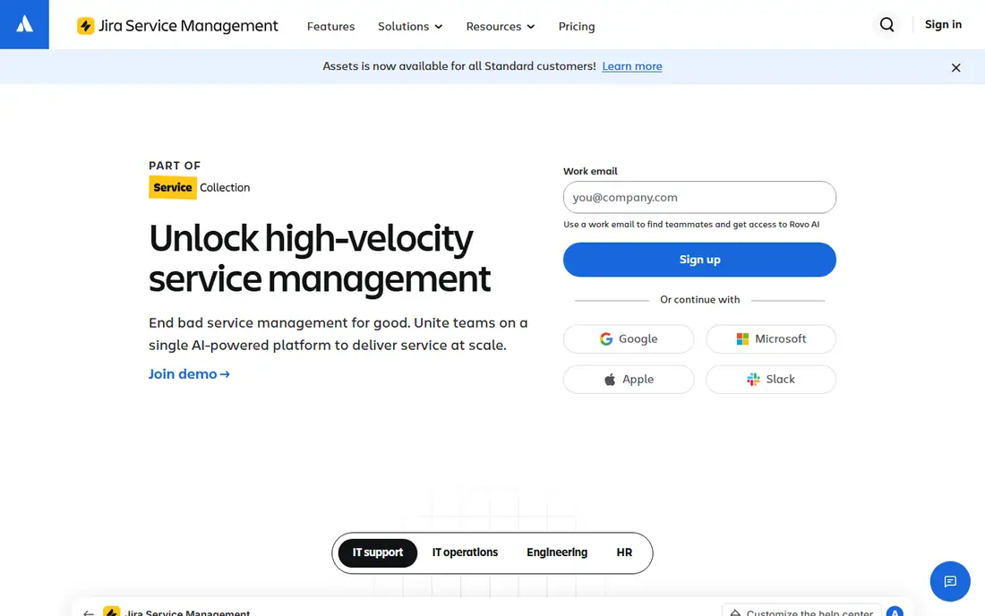 Jira Service Management homepage
